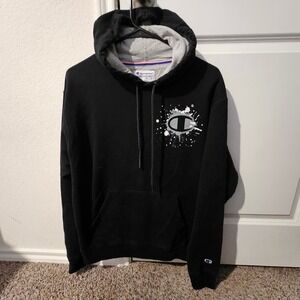 Champion Black Hoodie Sweatshirt Men's Size M Athletic Paint Splatter Logo